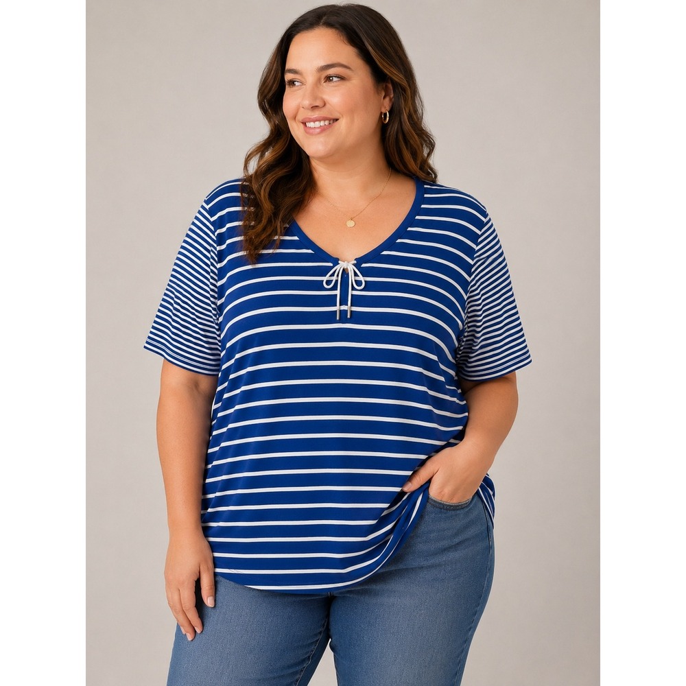 Basic Editions Plus 2X Blue White Striped V Neck Tie Front Tunic Casual Nautical